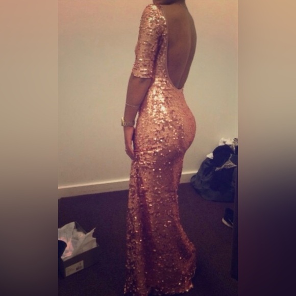 BCBS FORMAL ROSE GOLD SEQUIN FLOOR LENGTH GOWN FAB LOW SCOOP BACK-JAW DROPPING! - Picture 8 of 10